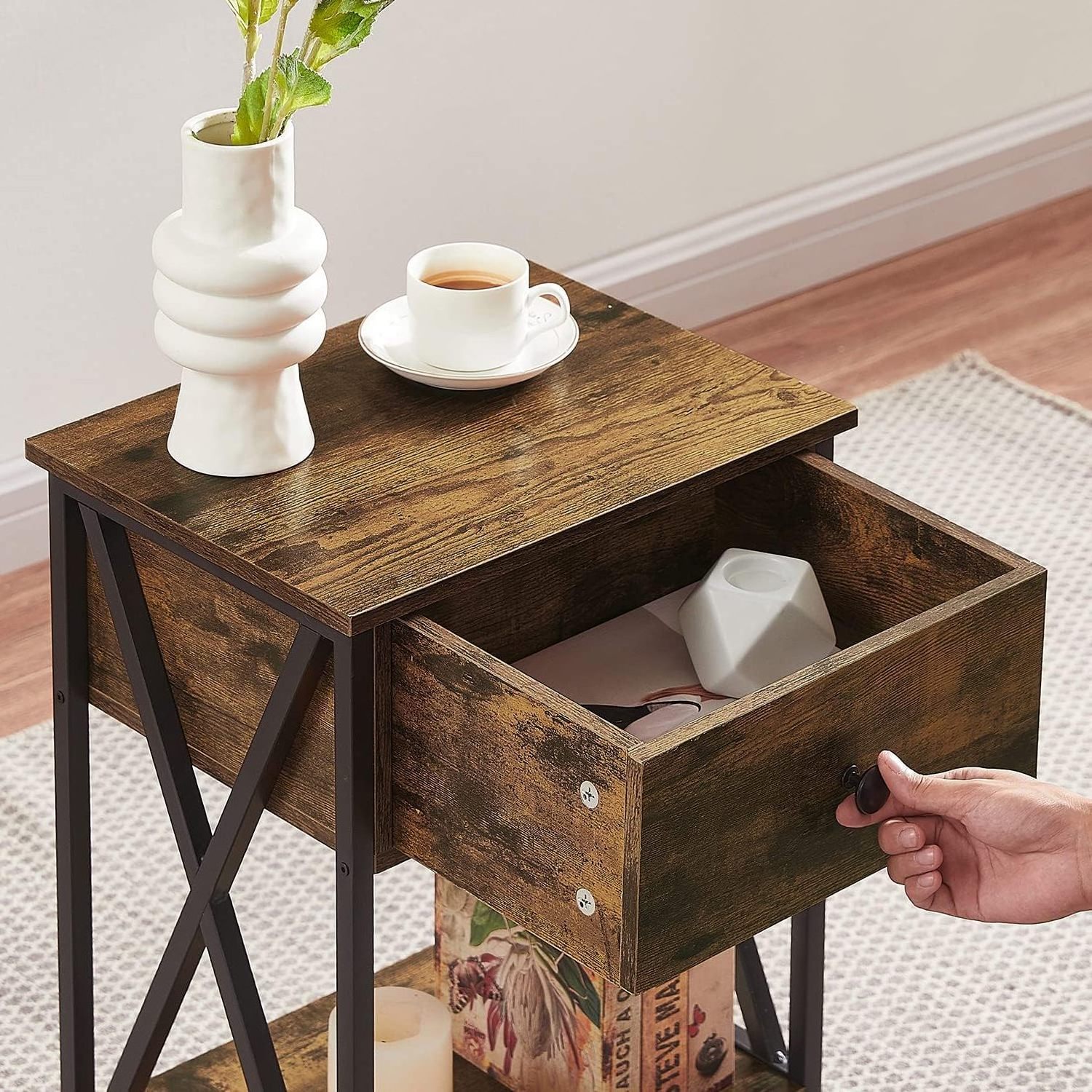 Side Table Living Room Wood Metal Narrow End Table with Drawer and Shelf, 3-Tier Sofa End Table for Small Space