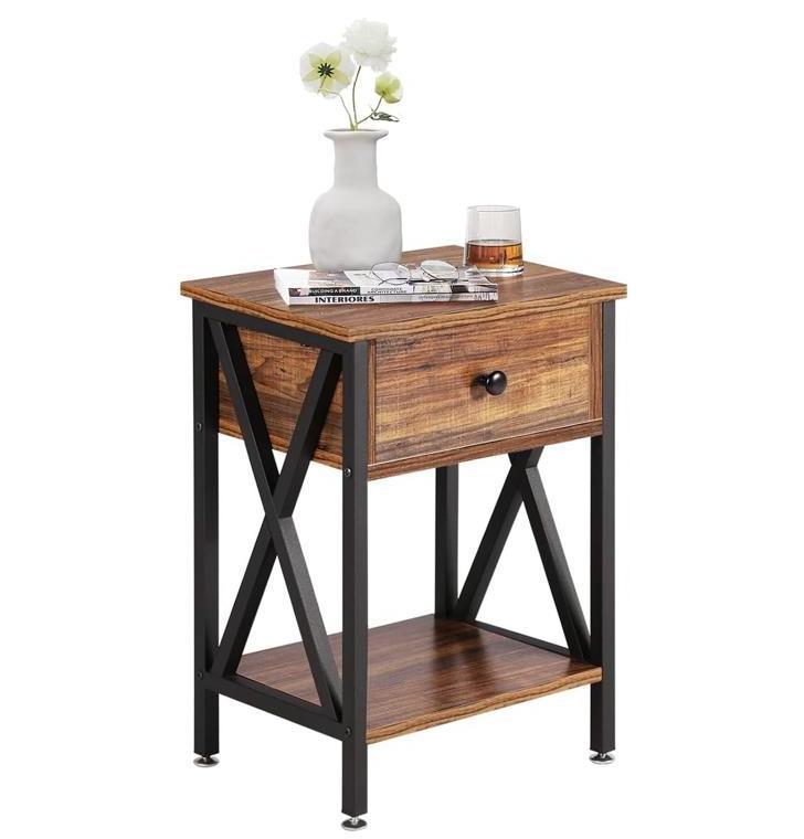 Side Table Living Room Wood Metal Narrow End Table with Drawer and Shelf, 3-Tier Sofa End Table for Small Space