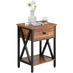 Side Table Living Room Wood Metal Narrow End Table with Drawer and Shelf, 3-Tier Sofa End Table for Small Space