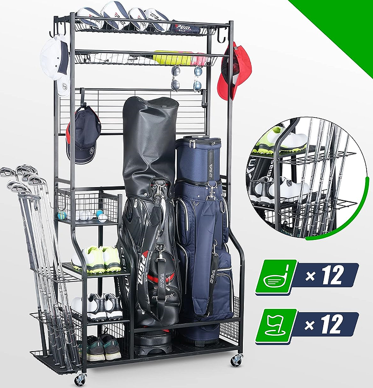 Golf Bag Storage Garage Organizer of Extra Large Size Ball Rack Storage Stand and Golf Equipment Rack for Garage Shed Basement