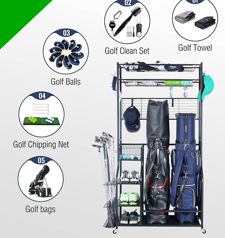 Golf Bag Storage Garage Organizer of Extra Large Size Ball Rack Storage Stand and Golf Equipment Rack for Garage Shed Basement