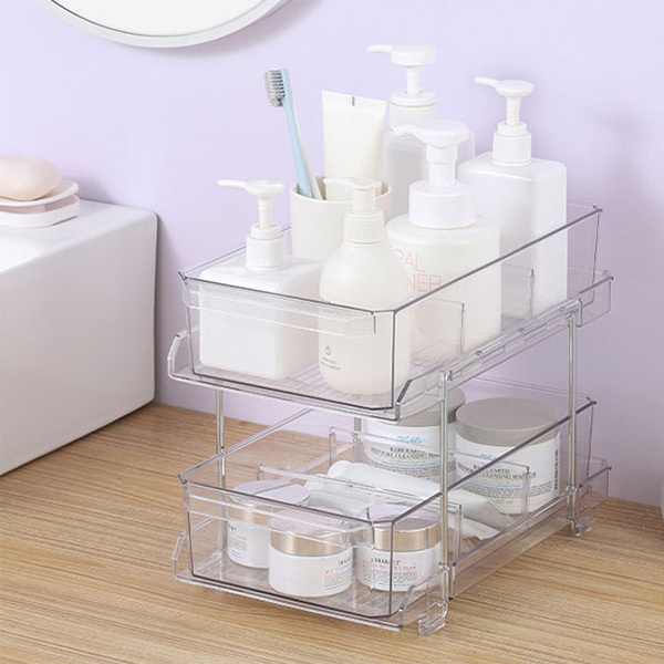 2 tier clear Under Sink Organizer with Sliding Cabinet Storage Drawer, desktop pull out home organizer