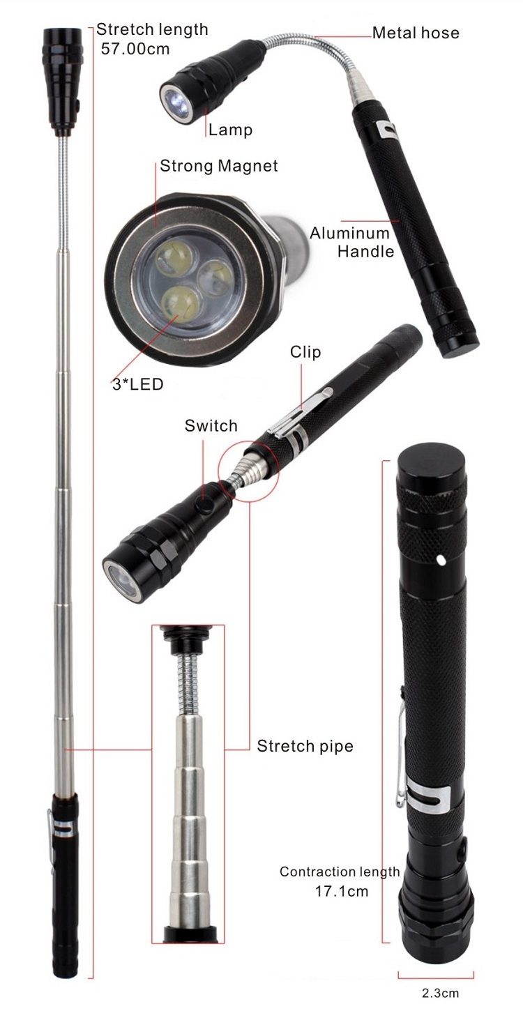 Flexible LED Torch Magnetic tools multifunction flashlight Telescopic Pick up Torch with clip