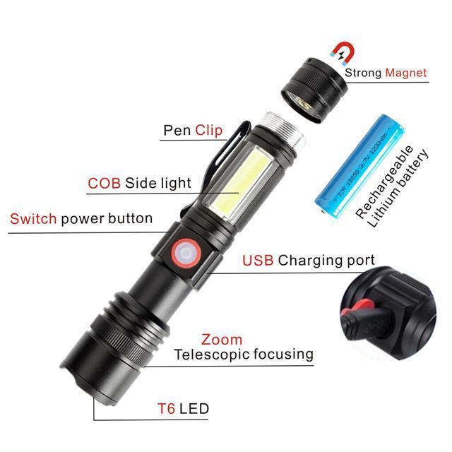 wholesale outdoor torche rechargeable tactical led flashlight side light torch with magnet