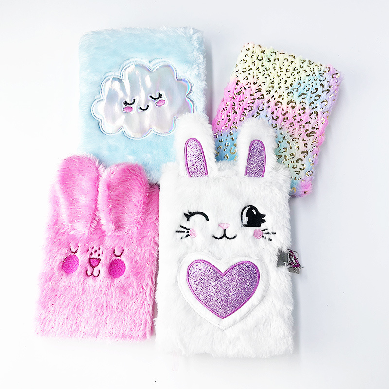 Kids stationery girl kawaii gift cute plush animal cartoon rabbit cover furry diary A4 A5 journal notebooks with lock and key