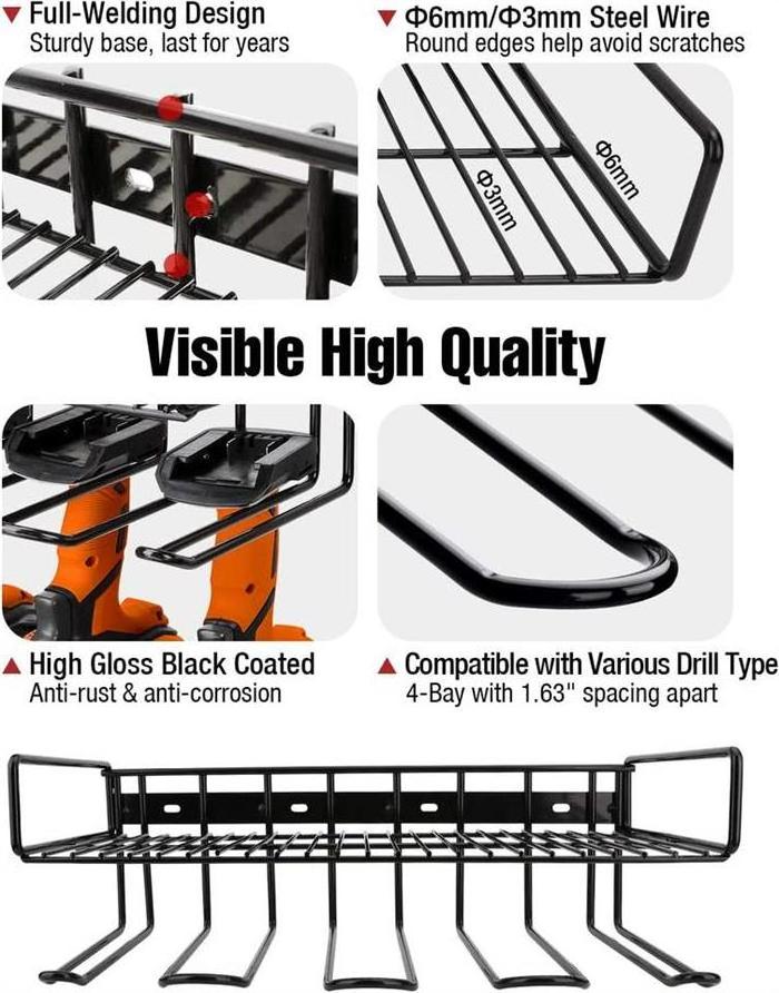 Surealong Electric Drill Storage Rack Power Tool Organizer Storage Holds 4 Drills Wall Mount Drill Charging Station for Garage