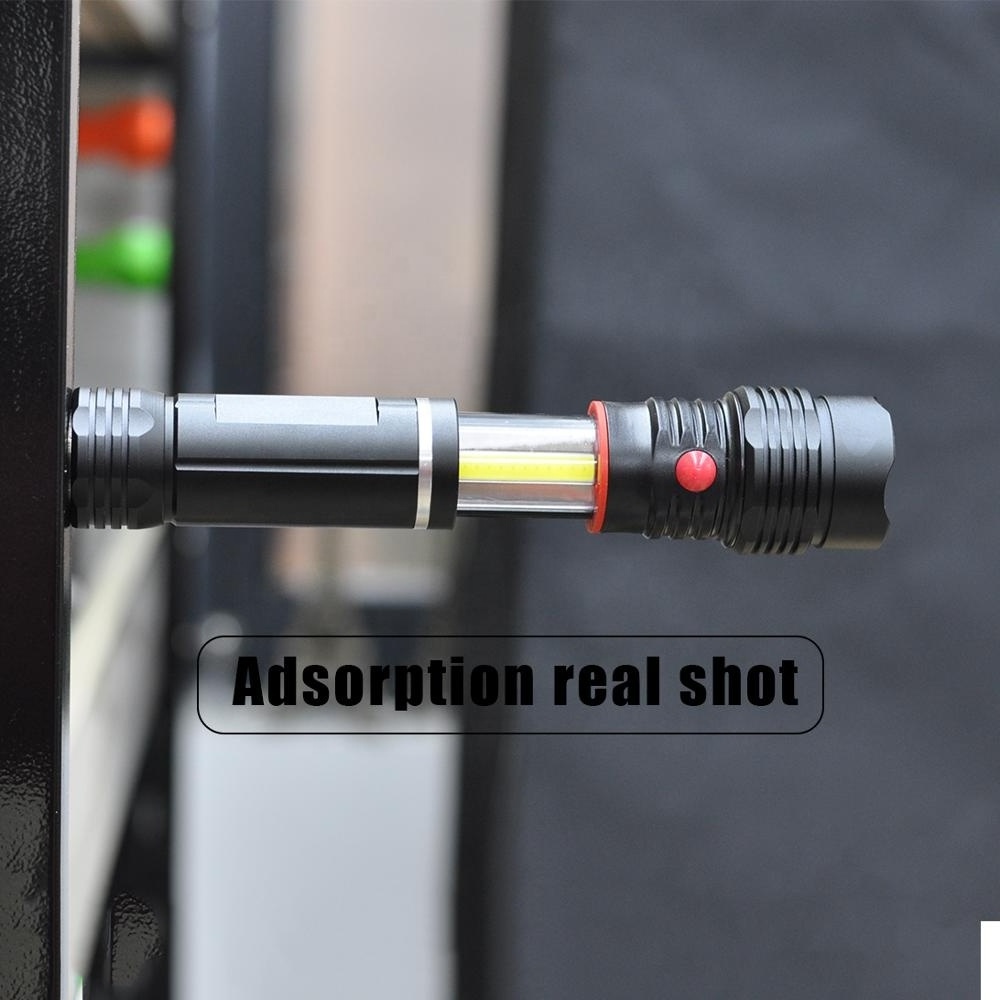 Double light source work light zoomable T6 COB Tactical LED flashlight With magnet