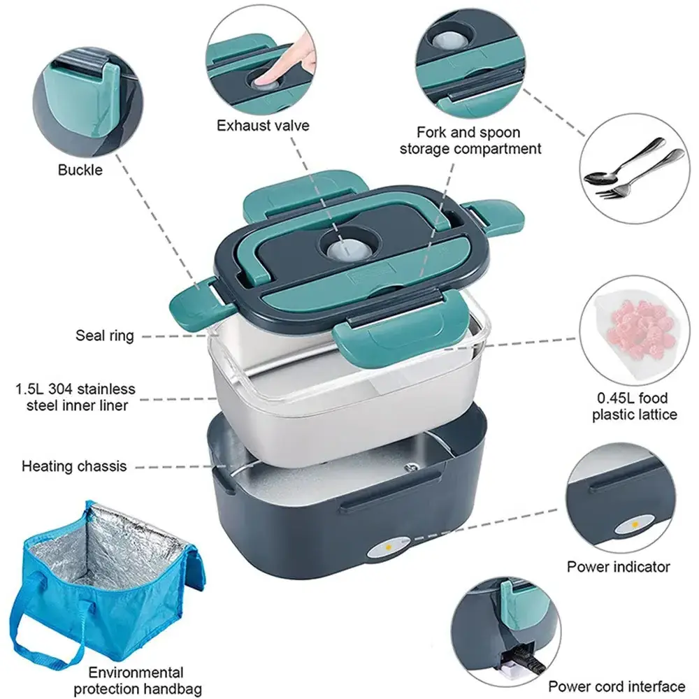 3 in 1 Portable Stainless Steel Food Warmer Container With Fork Spoon and Insulated Carry Bag Electric Lunch Box Food Heater