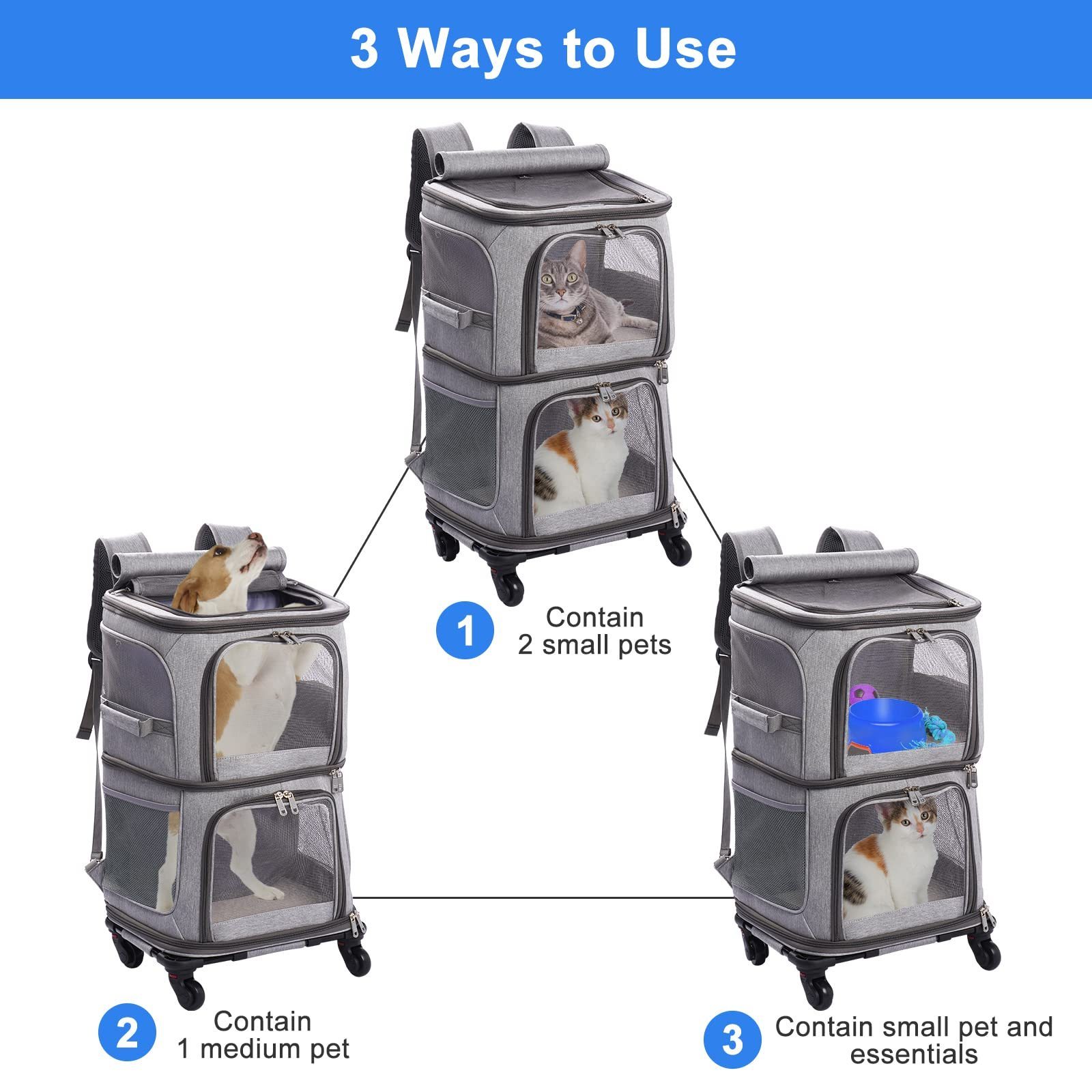 Small Animals Travel wheels stroller rolling trolley pet carrier Oxford Weekend pet carrier with wheels for 2 cats