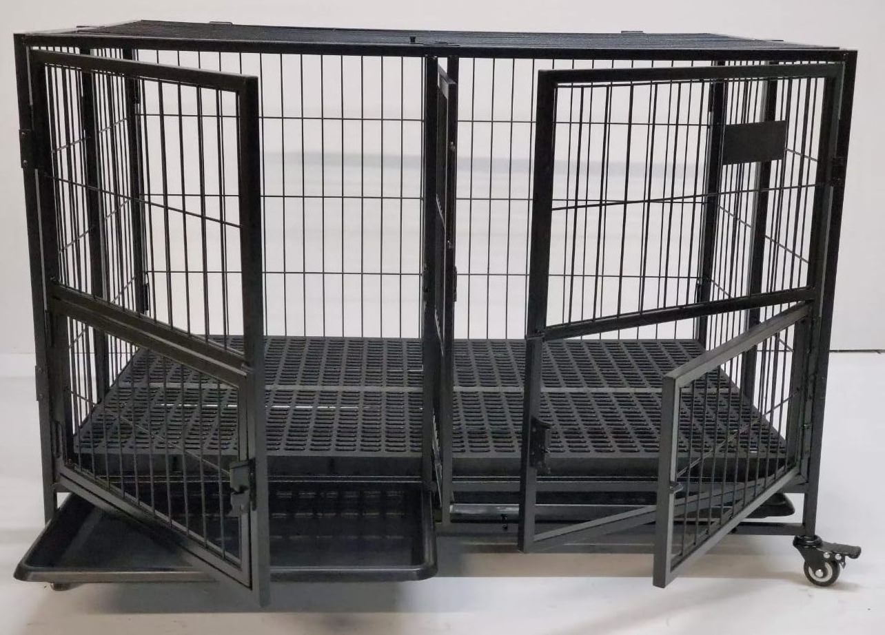 Double Door Heavy Duty Dog Kennel Strong Metal Foldable Dog Cage And Crate with Fence Feeder