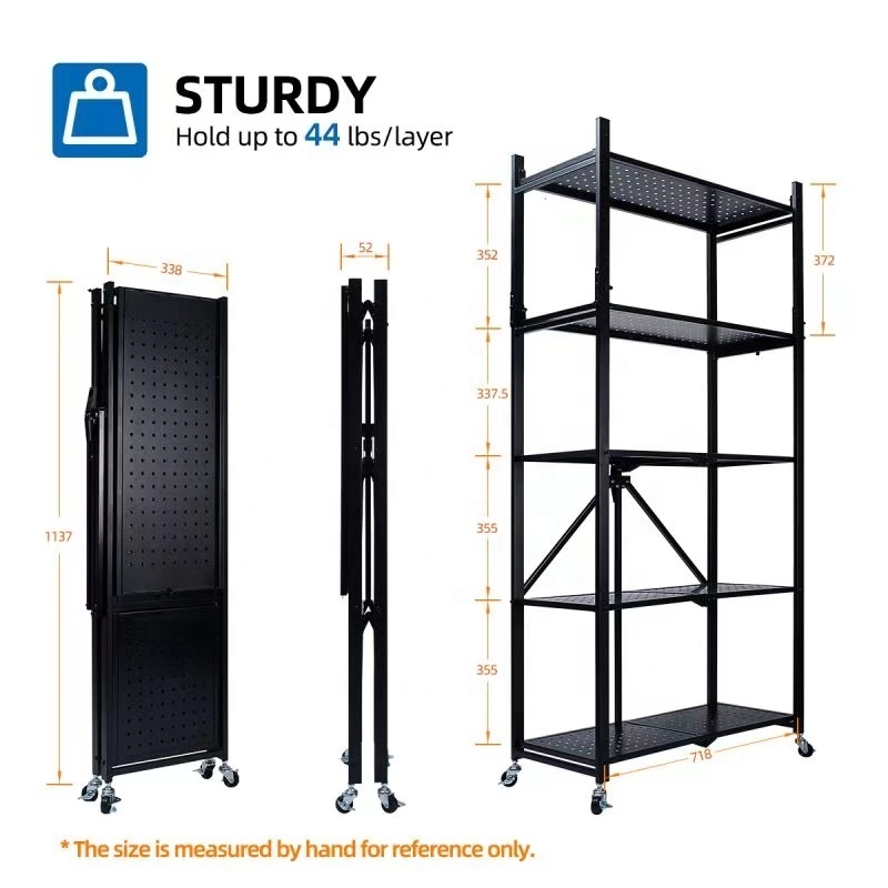 Multi-Purpose Foldable 5-Tier Heavy Duty Storage Shelves, Mobile Folding Shelf Rack Organizer Cart with Rolling Wheel