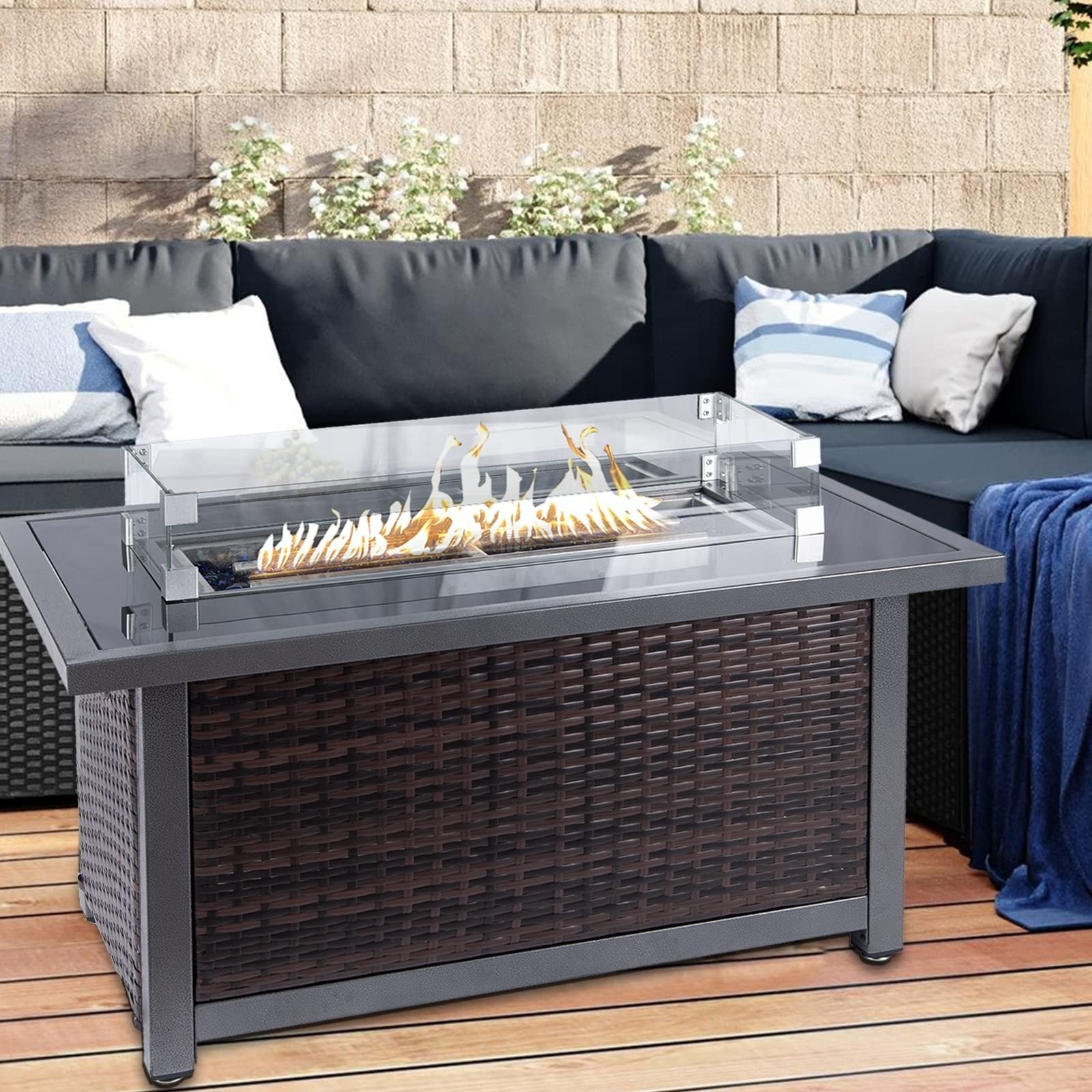 Wholesale Outdoor Propane Fire Pit Table, 44inch 50000 BTU Wicker Rattan Patio Firepit Table with Wind Guard and Glass Beads for