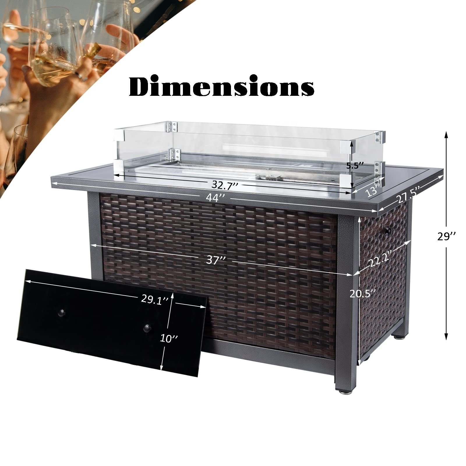 Wholesale Outdoor Propane Fire Pit Table, 44inch 50000 BTU Wicker Rattan Patio Firepit Table with Wind Guard and Glass Beads for