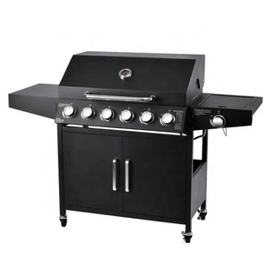 Commercial Stainless Steel Gas Barbeque Outdoor Gas Grill 6 Burner+1 Side Burner Gas BBQ Grill with Cabinets Wheels