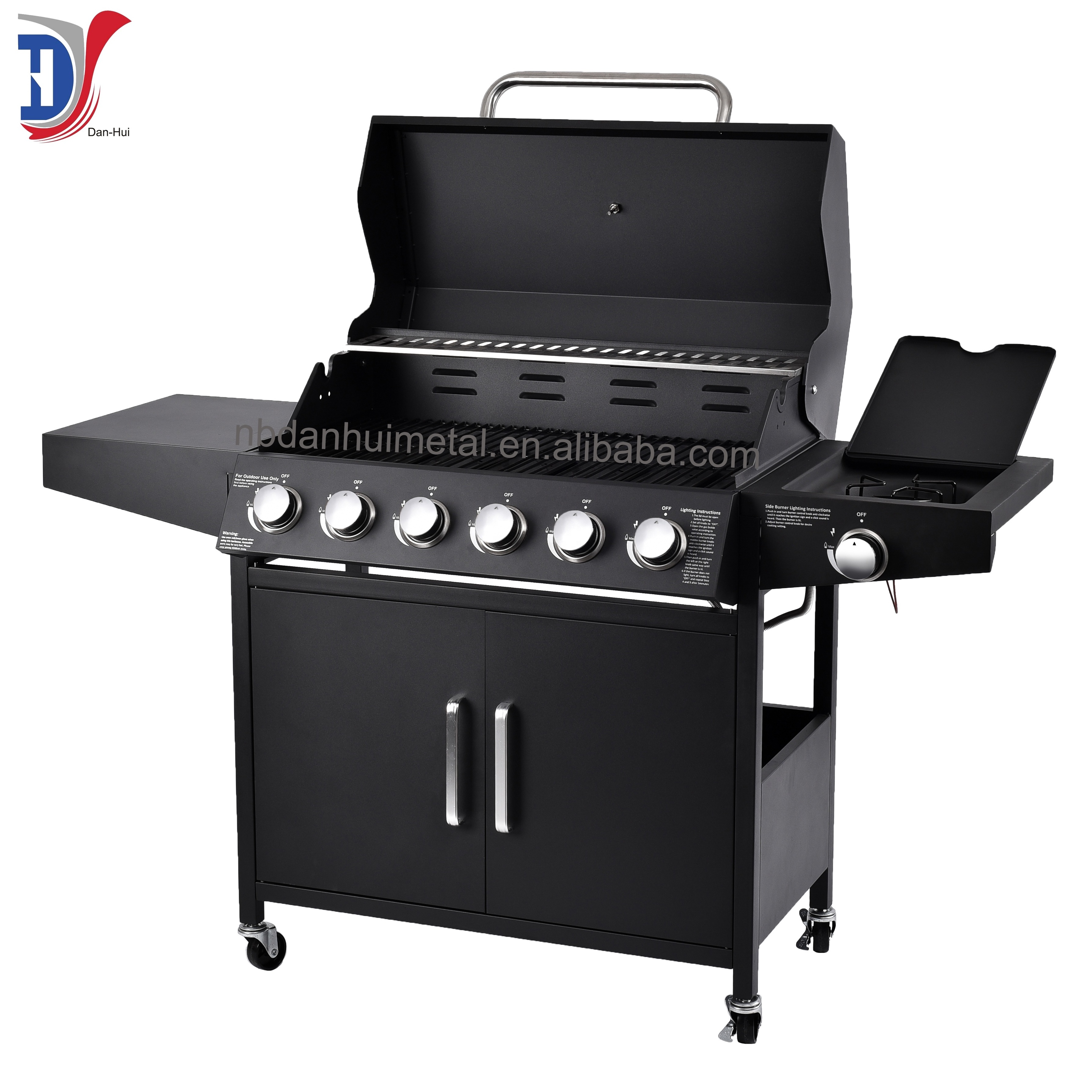 Commercial Stainless Steel Gas Barbeque Outdoor Gas Grill 6 Burner+1 Side Burner Gas BBQ Grill with Cabinets Wheels