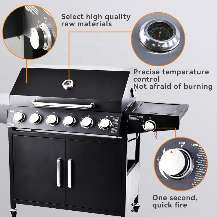 Commercial Stainless Steel Gas Barbeque Outdoor Gas Grill 6 Burner+1 Side Burner Gas BBQ Grill with Cabinets Wheels