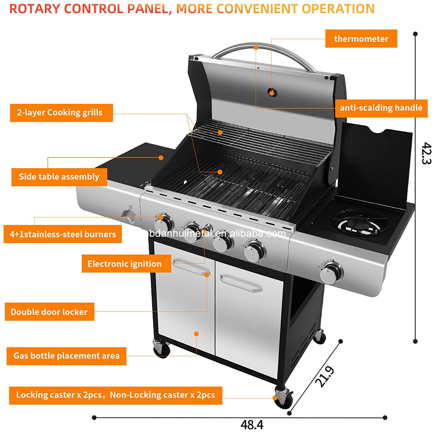 Four Burners Liquid Propane Gas Grill, BBQ Gas Grill with Stainless steel, Gas BBQ Wagon For Outdoor use