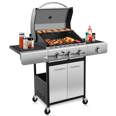 Four Burners Liquid Propane Gas Grill, BBQ Gas Grill with Stainless steel, Gas BBQ Wagon For Outdoor use