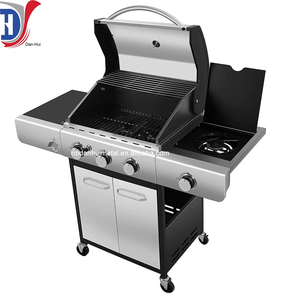 Four Burners Liquid Propane Gas Grill, BBQ Gas Grill with Stainless steel, Gas BBQ Wagon For Outdoor use