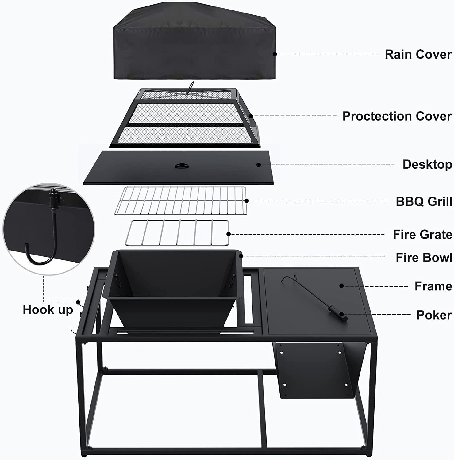 Portable Metal Fire Pit Table Outdoor Fireplaces Wood Burning BBQ Grill for BBQ Camping