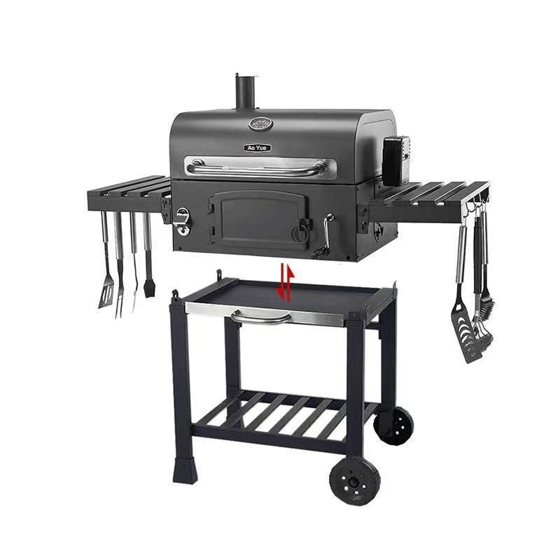 Outdoor Kitchen Cooking Charcoal BBQ Trolley Smoker Grill Machine Household Folding Charcoal BBQ Grill Cart