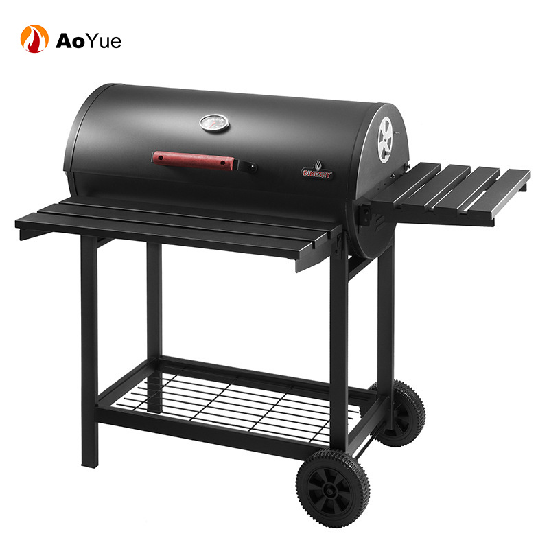 304 Stainless Steel Grid Outdoor Foldable Portable Barrel Trolley Smoker Double Side Cooking Charcoal BBQ Grill with Rotisserie