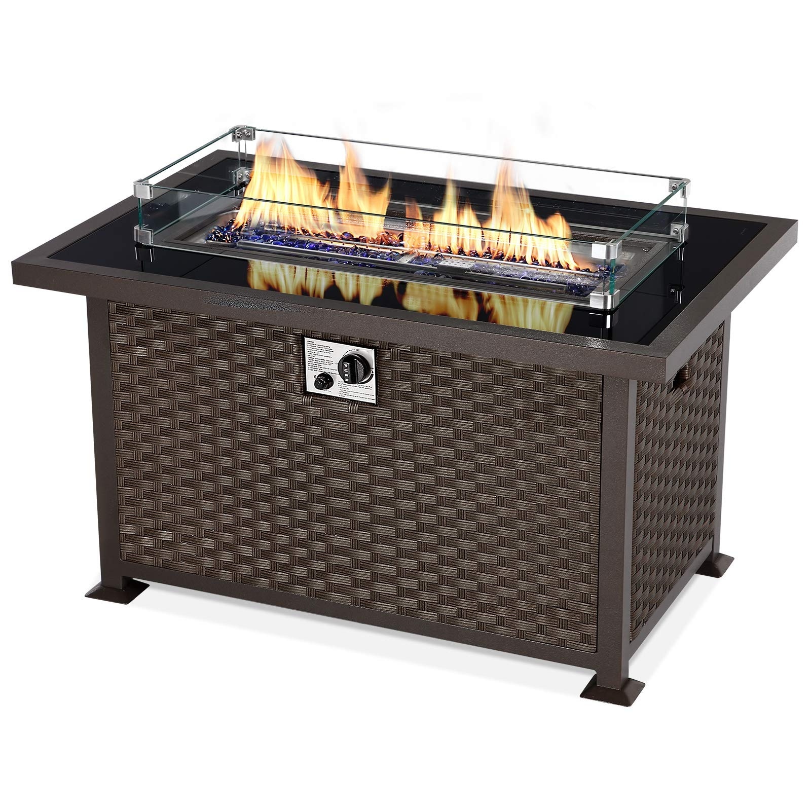 44in Outdoor Propane Gas Fire Pit Table, 50,000 BTU Auto-Ignition Gas Firepit with Glass Wind Guard, Black Tempered Glass Tablet