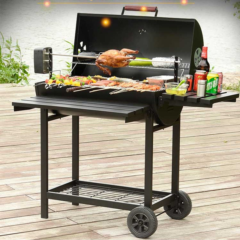 304 Stainless Steel Grid Outdoor Foldable Portable Barrel Trolley Smoker Double Side Cooking Charcoal BBQ Grill with Rotisserie