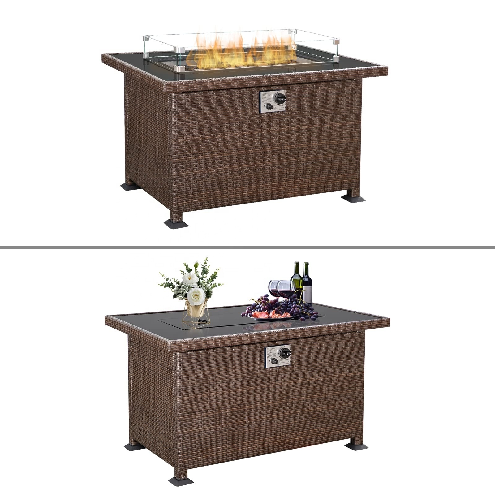 Propane Fire Pit Table, 44in Gas Fire Pit, 50, 000 BTU Auto-Ignition Gas Firepit with Glass Wind Guard, Lid, Glass Beads for Pat