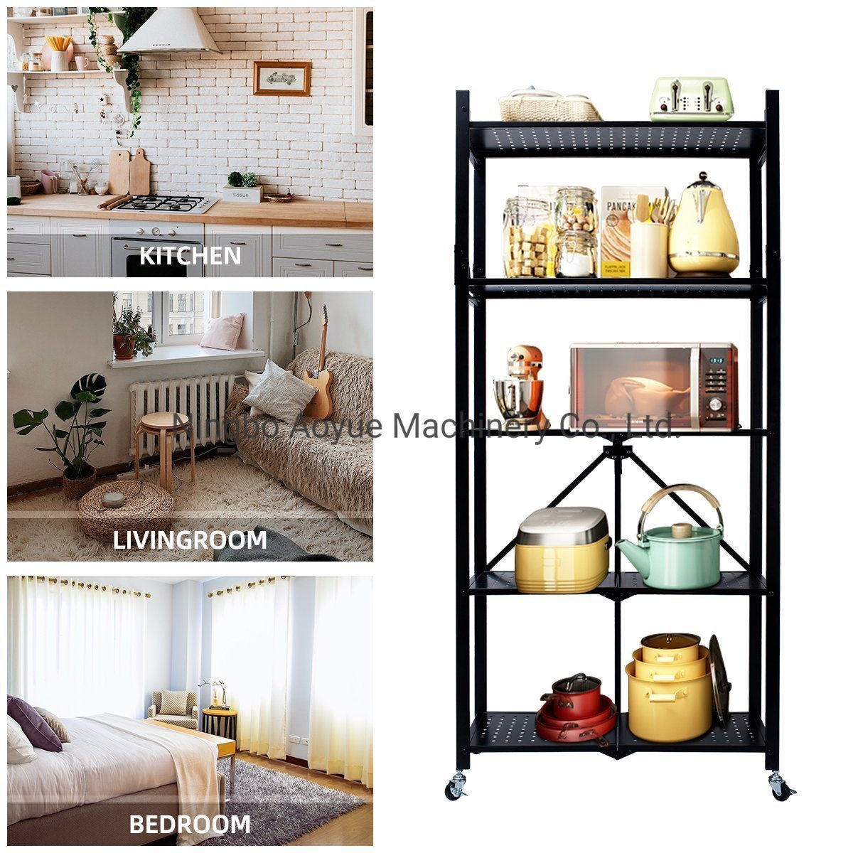 Multi-Purpose Foldable 5-Tier Heavy Duty Storage Shelves Mobile Folding Shelf Rack Organizer Cart with Rolling Wheel