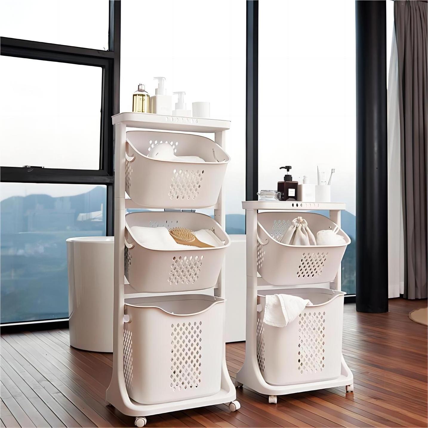 Hot Selling Detachable Plastic Laundry Basket with wheels Laundry Cart Bathroom Shelf Storage Basket