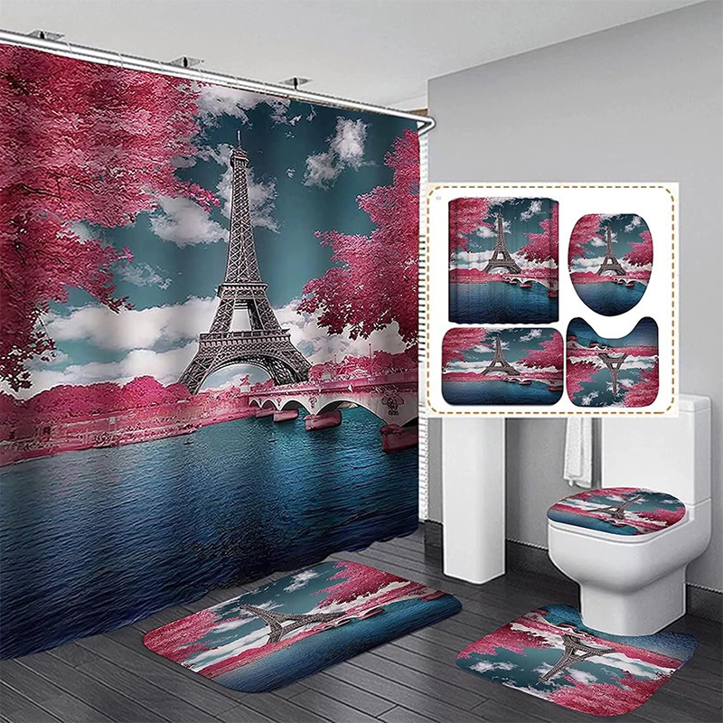 Hot sale 4Pcs Paris Eiffel Tower Pink Printed Shower Curtain Set for Bathroom Decor with Rugs Bath Mat Toilet Lid Cover