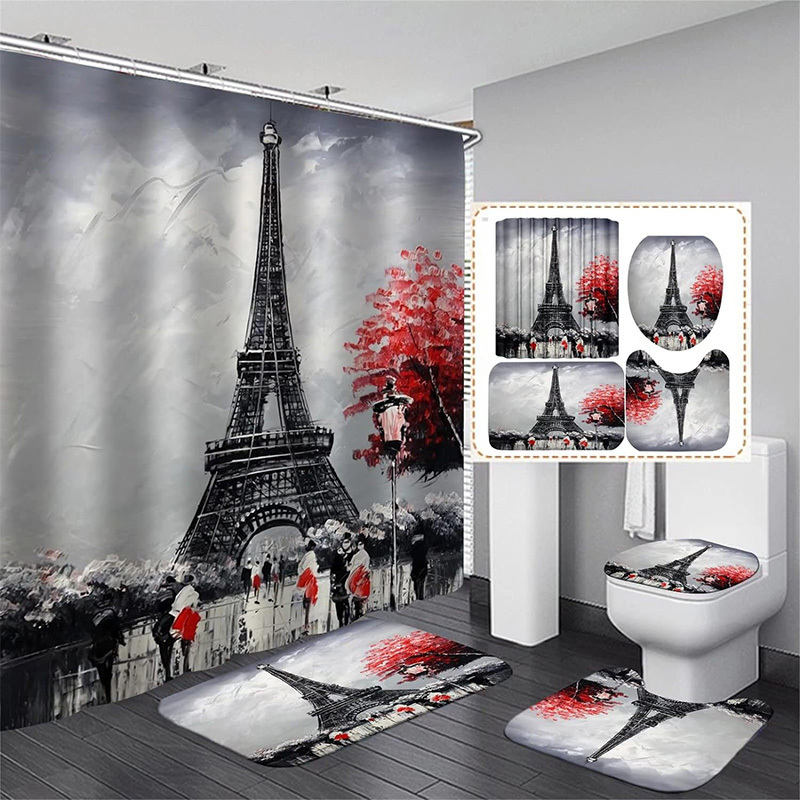 Hot sale 4Pcs Paris Eiffel Tower Pink Printed Shower Curtain Set for Bathroom Decor with Rugs Bath Mat Toilet Lid Cover