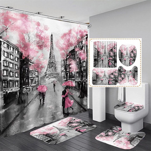 Hot sale 4Pcs Paris Eiffel Tower Pink Printed Shower Curtain Set for Bathroom Decor with Rugs Bath Mat Toilet Lid Cover