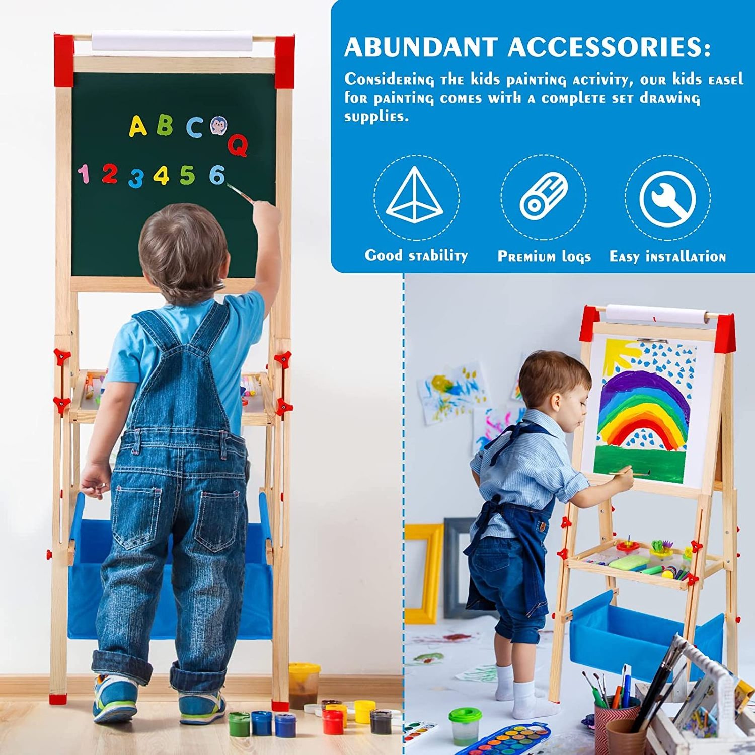 For 2-8 Years Boys and Girls Art Easels Kids Magnetic Wooden Standing Toddlers Drawing Board with Paper Roll