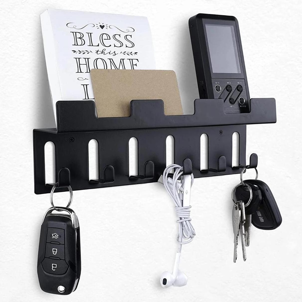 Black Metal Wall Mounted Entryway Key Hooks Hanger Mail Storage 6  Hooks Key Holder Rack Organizer