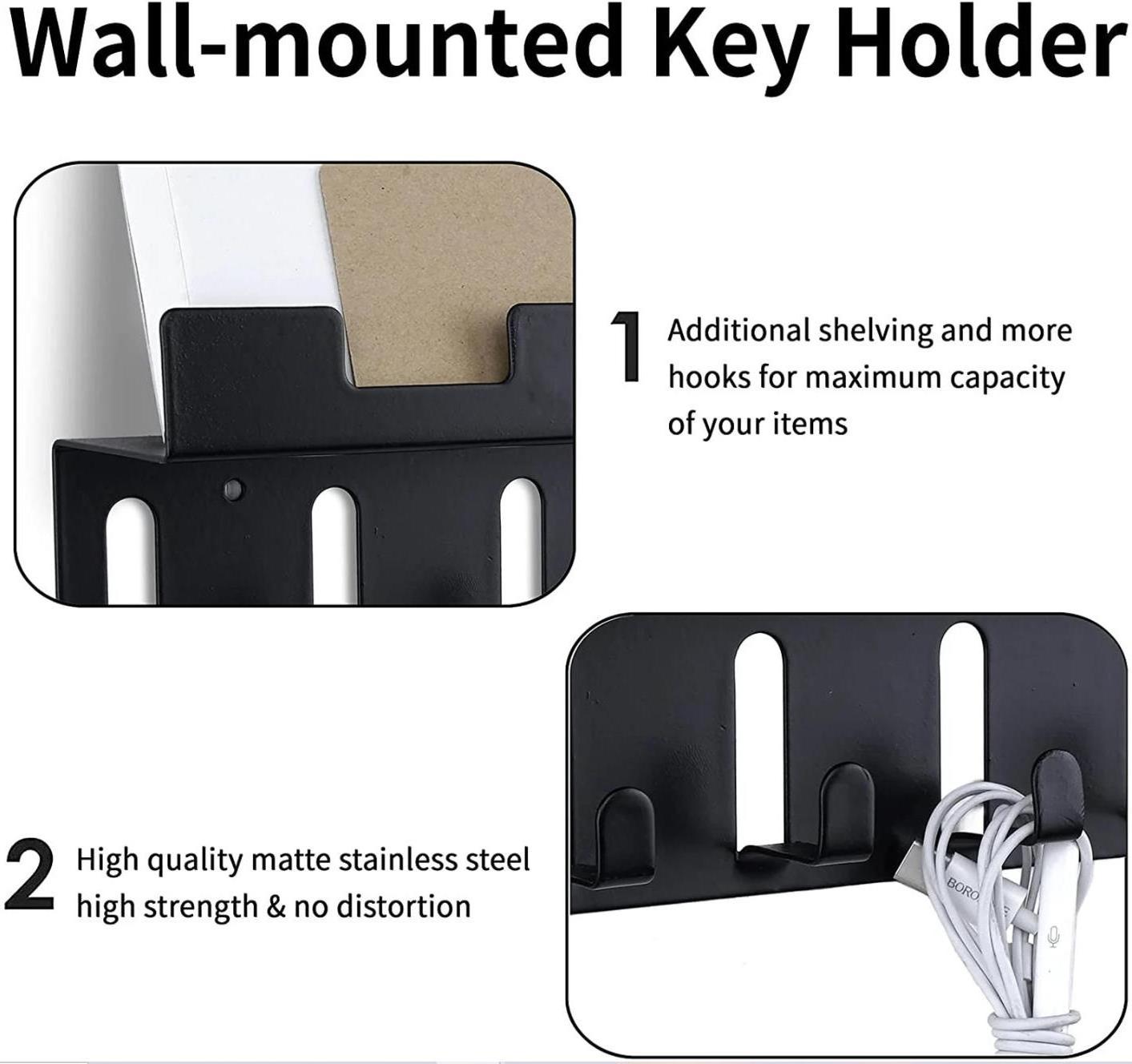 Black Metal Wall Mounted Entryway Key Hooks Hanger Mail Storage 6  Hooks Key Holder Rack Organizer