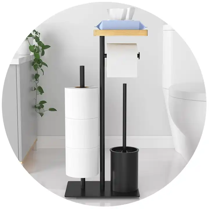 Black Standing Shelf with Wet Tissue Holder Toilet Brush Holder and paper towel organizer