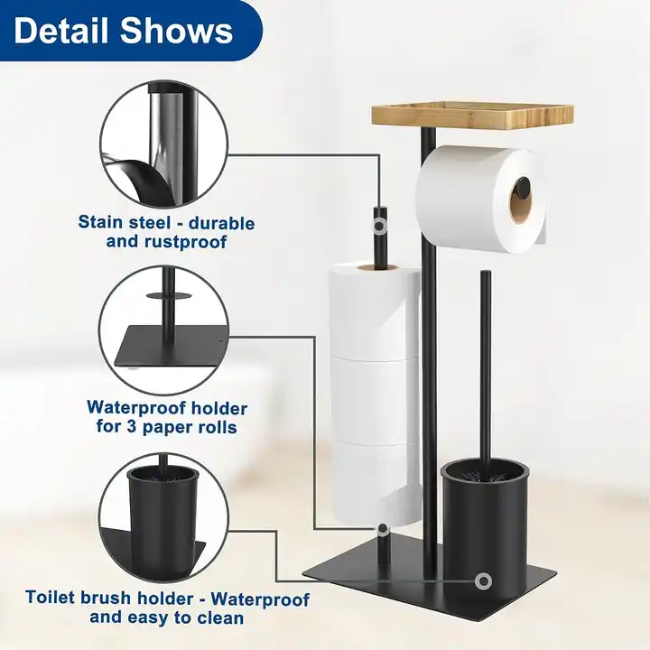 Black Standing Shelf with Wet Tissue Holder Toilet Brush Holder and paper towel organizer