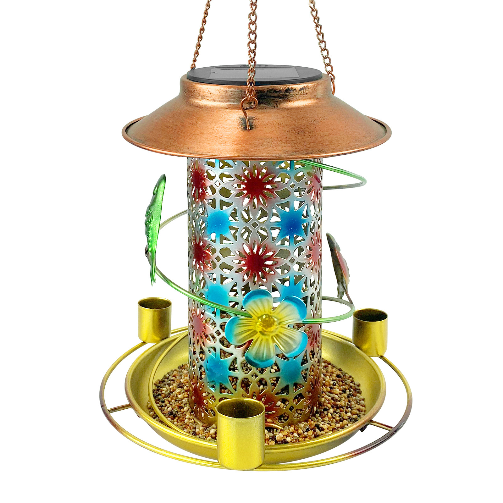 Bird feeders for outdoor hanging eyelet carved flowers decor Solar Metal Waterproof Bird feeder Lantern Light