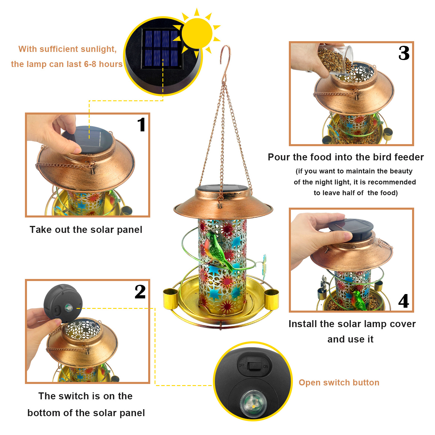 Bird feeders for outdoor hanging eyelet carved flowers decor Solar Metal Waterproof Bird feeder Lantern Light