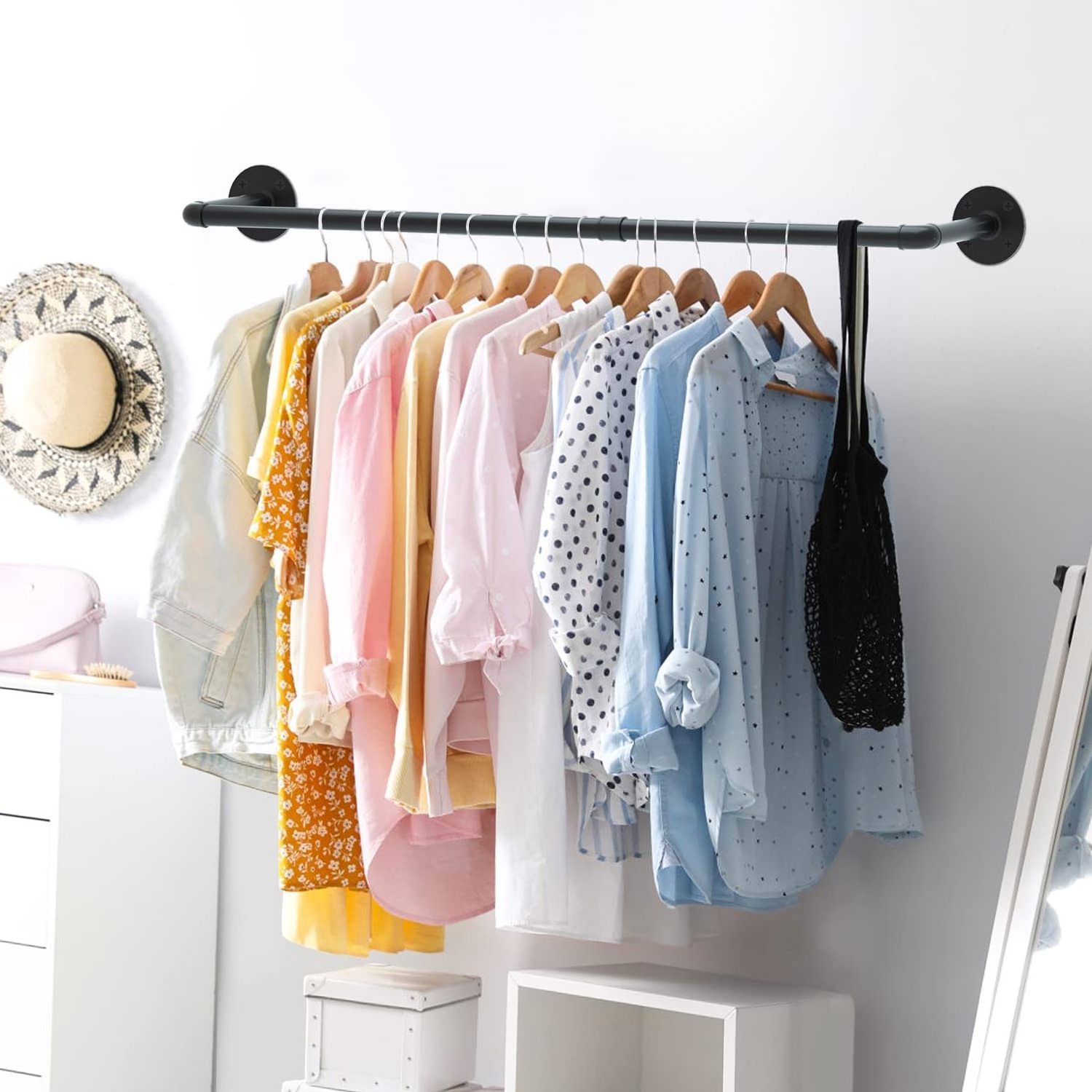 2 Set Multi-purpose Industrial Pipe Clothes Rack  Wall Mounted Iron Garment Rod Heavy Duty Hanging Clothes Rack for Closet Rod