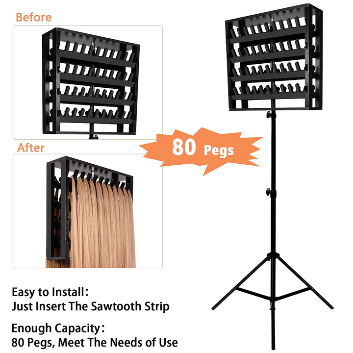 Wooden Braiding Hair Rack with Height  Adjustable 80  Pegs Hair Extension Holder 2 Sided Standing Braid Rack Separator with whee