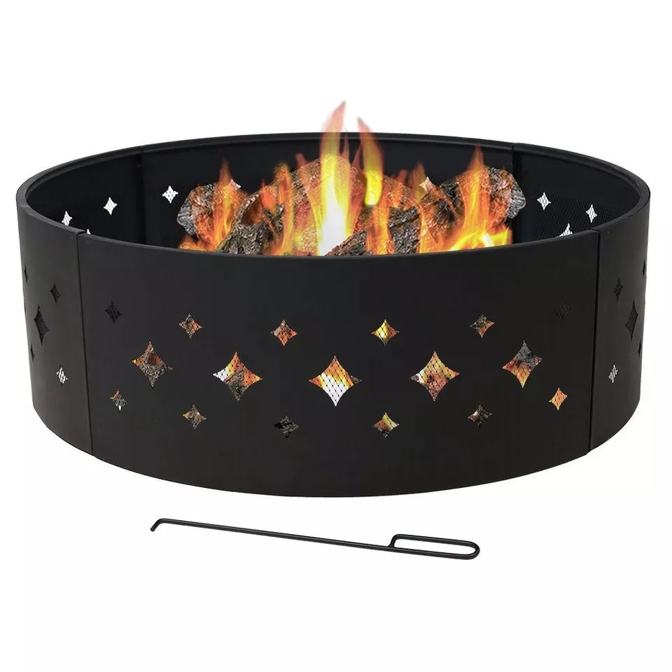 Campfire Ring for BBQ Grill Pattern Design Bonfire Ring Metal Heating Fire Pit Ring for Outdoor Camping Heating