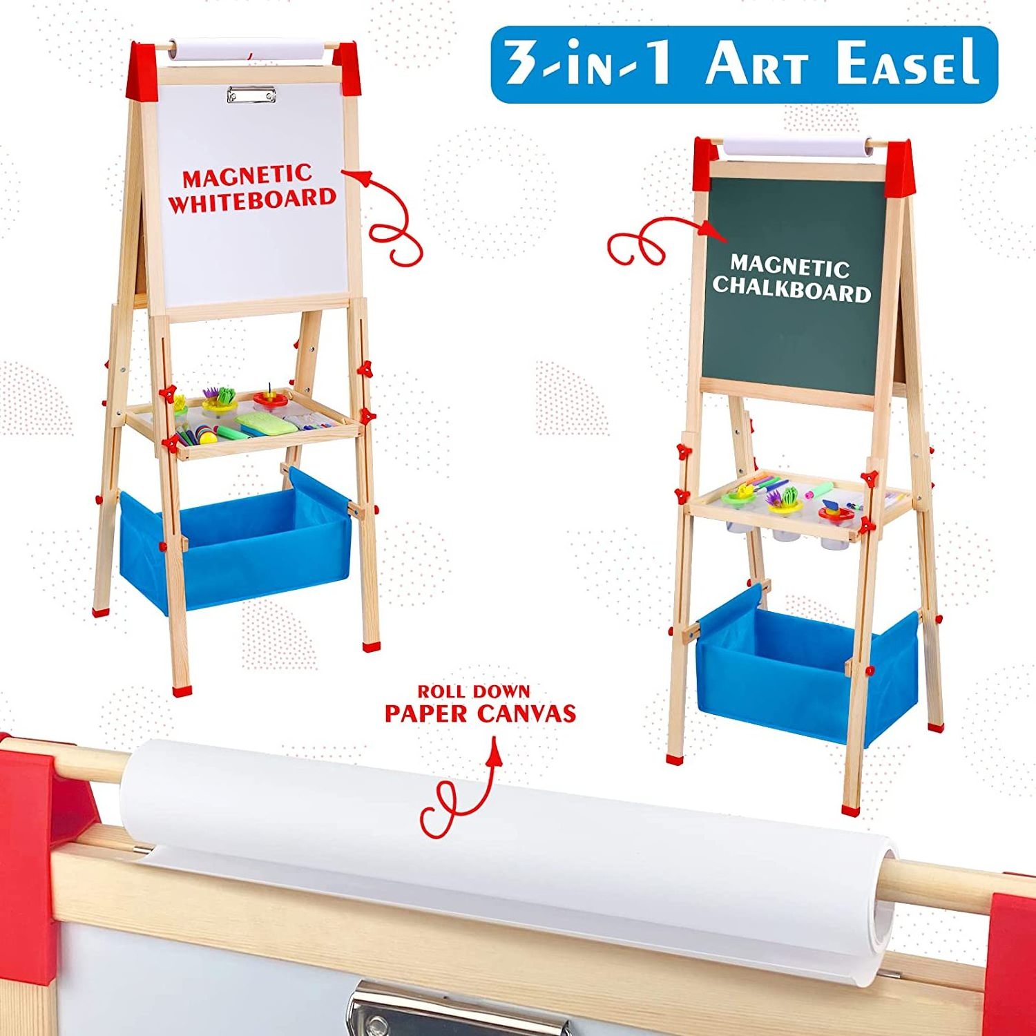 For 2-8 Years Boys and Girls Art Easels Kids Magnetic Wooden Standing Toddlers Drawing Board with Paper Roll