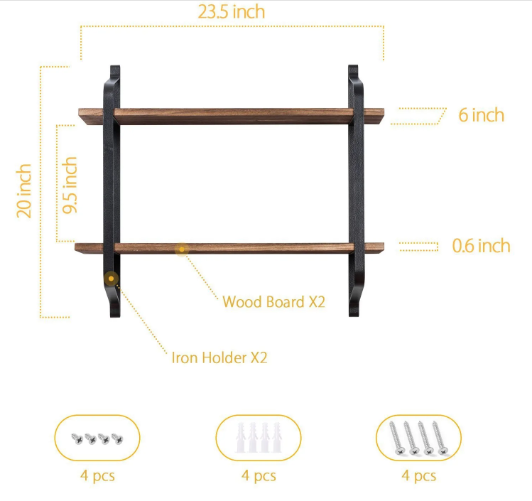 Wall Mount Floating Shelves Metal  Wooden Storage Rack  Wall Decor Display Organizer for Bedroom Living Room Kitchen Room