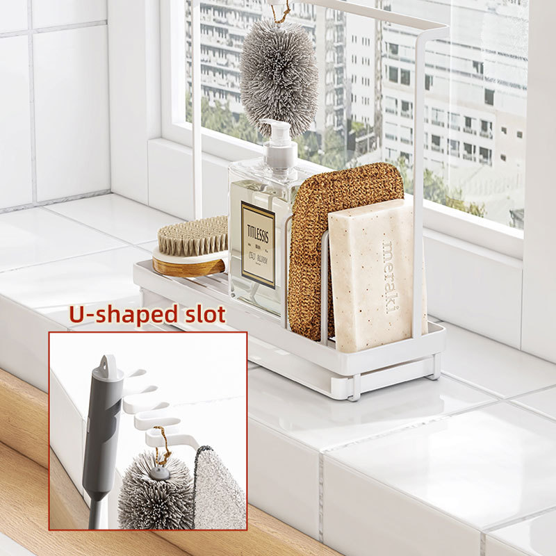 Kitchen Tidy Sponge Holder  with U Shaped Hanging Slots Sink Soap Brush  Kitchen Sink Caddy Organizer with  Drain Tray