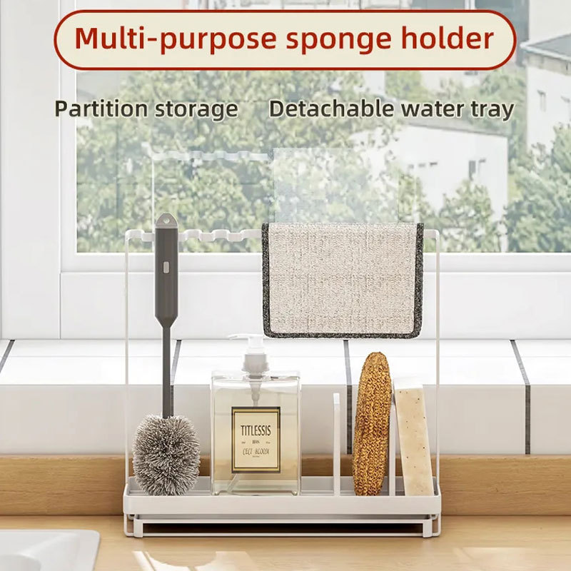 Kitchen Tidy Sponge Holder  with U Shaped Hanging Slots Sink Soap Brush  Kitchen Sink Caddy Organizer with  Drain Tray