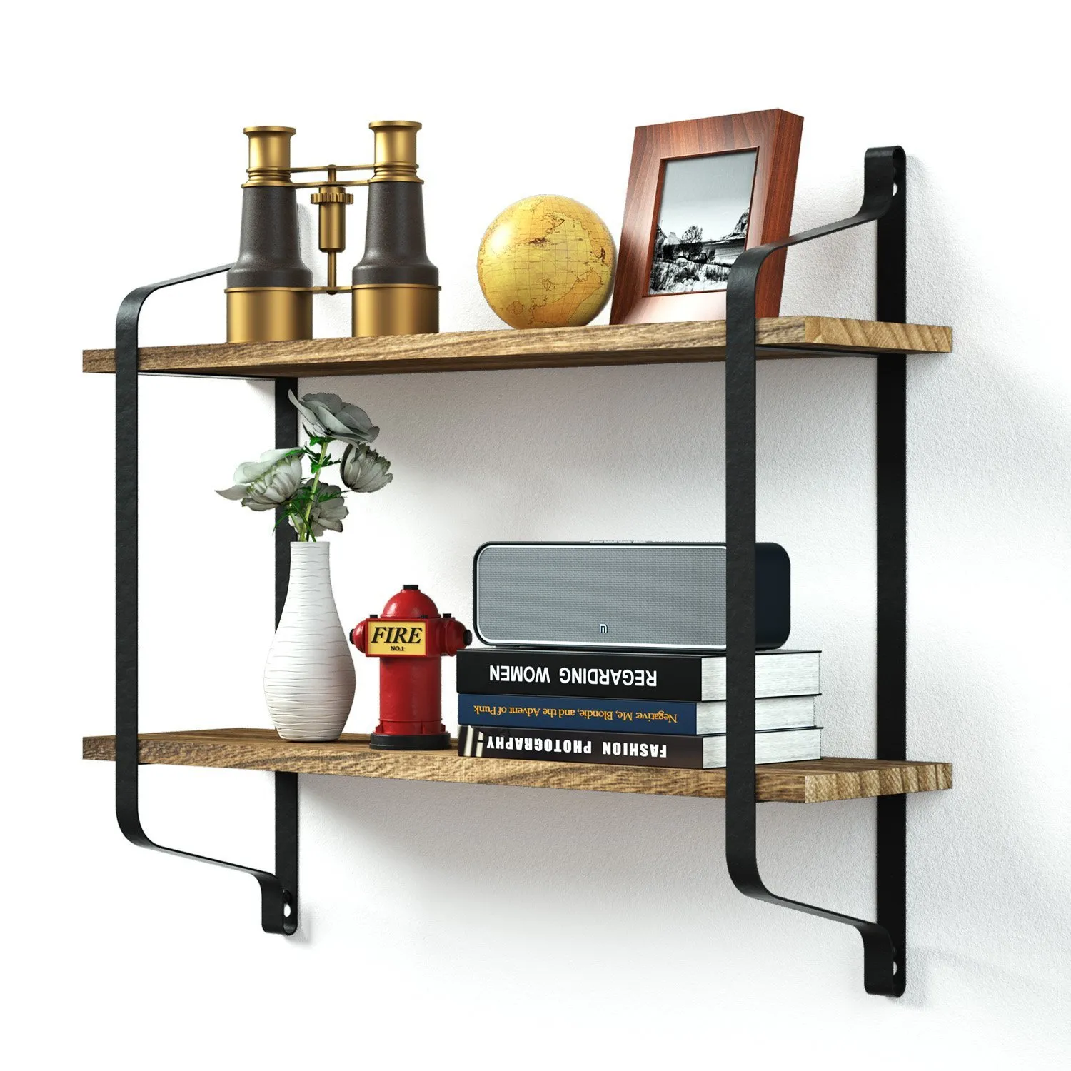 Wall Mount Floating Shelves Metal  Wooden Storage Rack  Wall Decor Display Organizer for Bedroom Living Room Kitchen Room