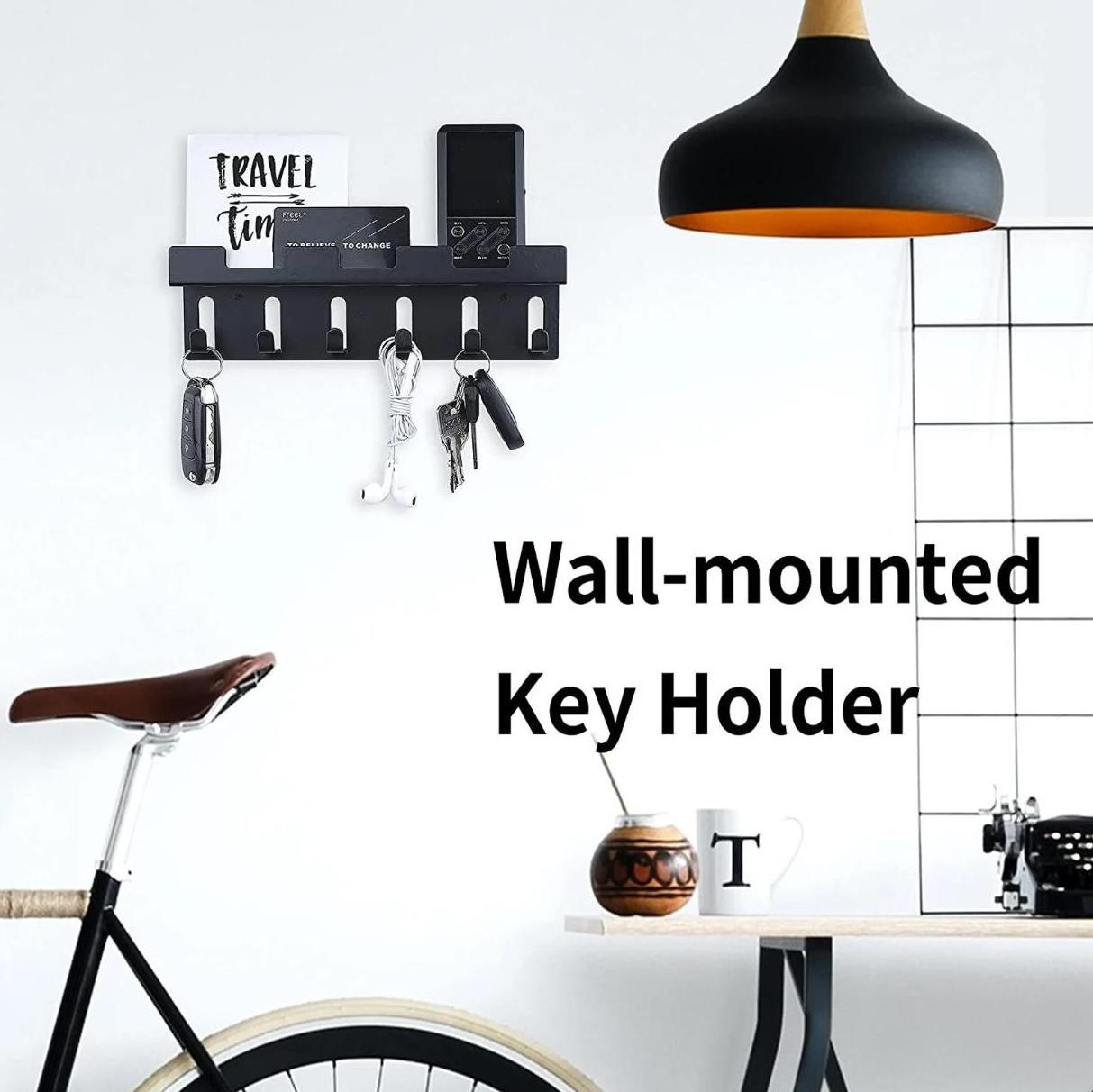 Black Metal Wall Mounted Entryway Key Hooks Hanger Mail Storage 6  Hooks Key Holder Rack Organizer